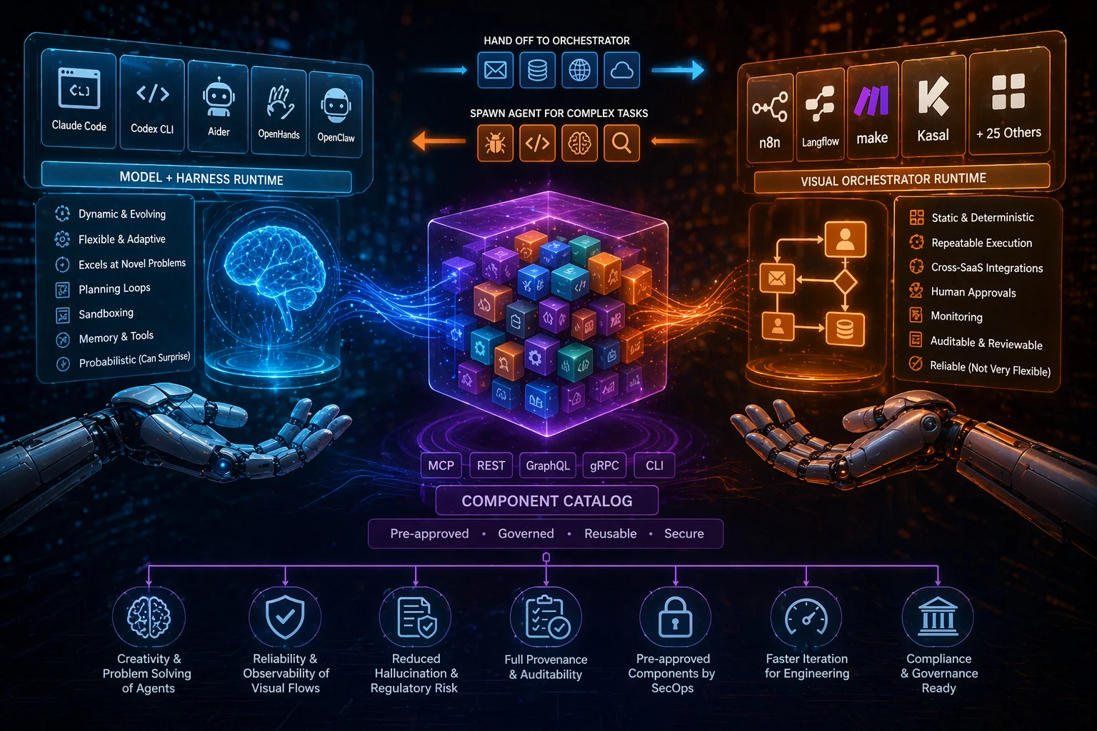 Illustration showing AI harness systems and visual orchestrators connected through a shared component catalog enabling hybrid workflows