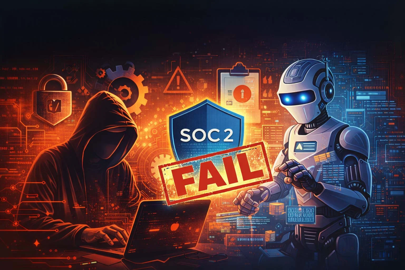 Illustration showing AI coding risks and SOC2 compliance failure with security warnings, a robot, and a &ldquo;FAIL&rdquo; stamp